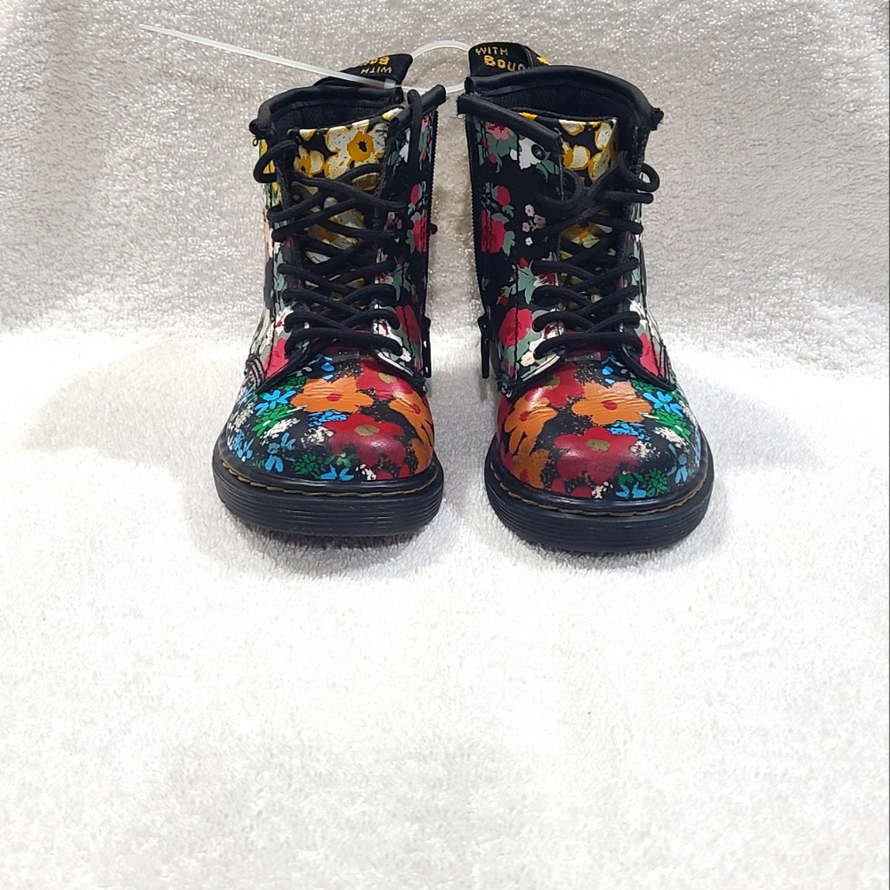 Dr. Martens Kids Floral Combat Boots in Black with Multicolor Flowers